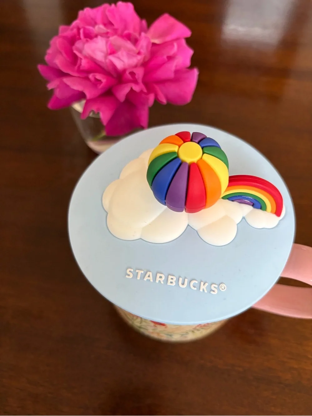 Starbucks Pastel Blue Floral Mug with Rainbow Silicone Topper